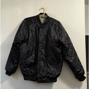 Vtg Cardinal Black Satin Shiny Bomber RIP Bullitt Snap Up Jacket L 80's